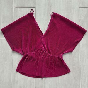 Ro & De Blouse Plunge Front Crinkle Top with Back Tie Bright Pink Wide Sleeves S